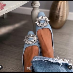 Zara Jeweled Denim Slingback Shoes 36